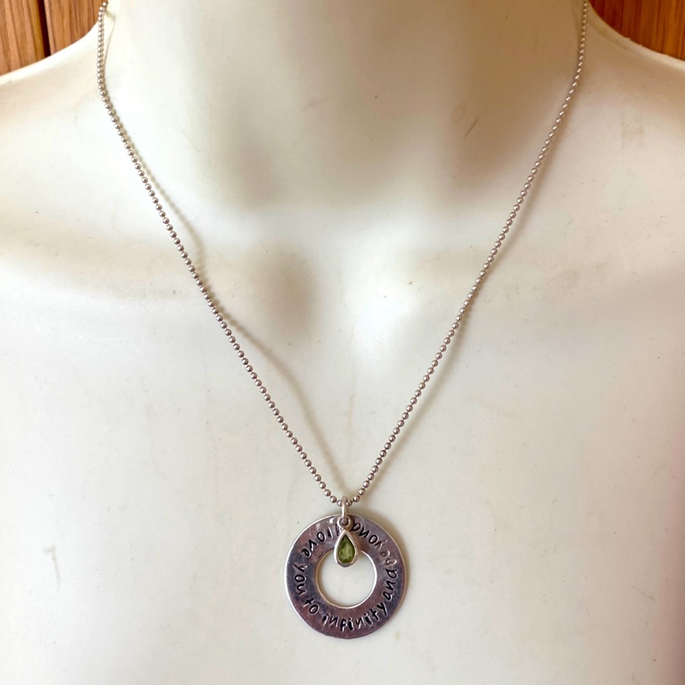 I love you to infinity and beyond Peridot drop sterling silver pendant necklace
